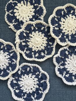 Six Crochet Coasters, Blue White, Citrus, Sunflower, 2 of 12