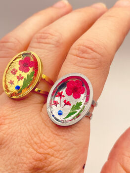 Cocktail Ring With Red Flowers In Gold Or Silver, 7 of 10