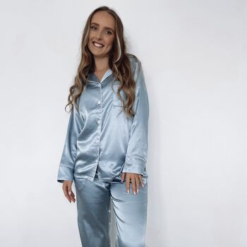 Blue Embroidered Satin Bridal Pyjamas Long, 3 of 5