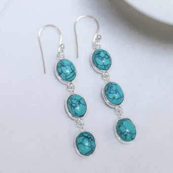 Sterling Silver Triple Turquoise Dangly Oval Earrings, 3 of 5