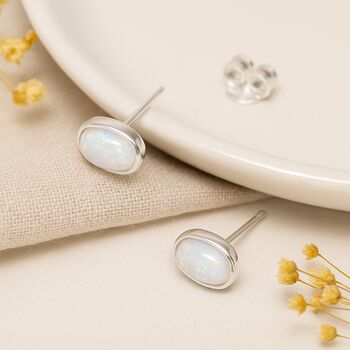 Sterling Silver White Opal Oval Stud Earrings, 3 of 11