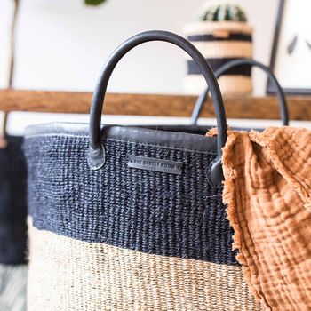 Natural And Black Colour Block Woven Laundry Basket, 2 of 7