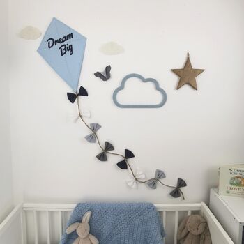 Dream Big Nursery Decor Wall Hanging, Baby Blue, Grey And White Fabric Kite, 2 of 9