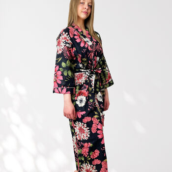Black And Pink Flower Print Cotton Dressing Gown Kimono, 2 of 11