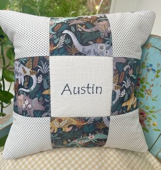 Patchwork Dinosaur Name Cushion, 3 of 5