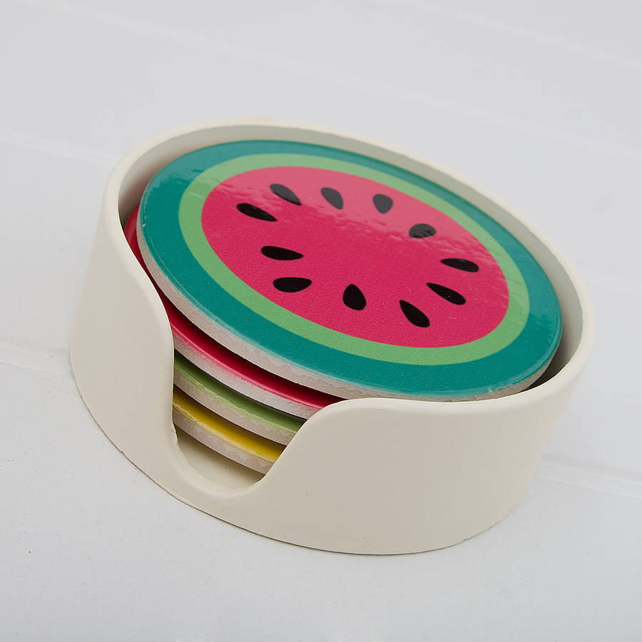 Four Ceramic Coasters With Fruits Designs By Milly Bee