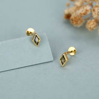 Sterling Silver Olive Green Cz Rhombus 16 G Flat Back Labret Earrings, 6 of 11