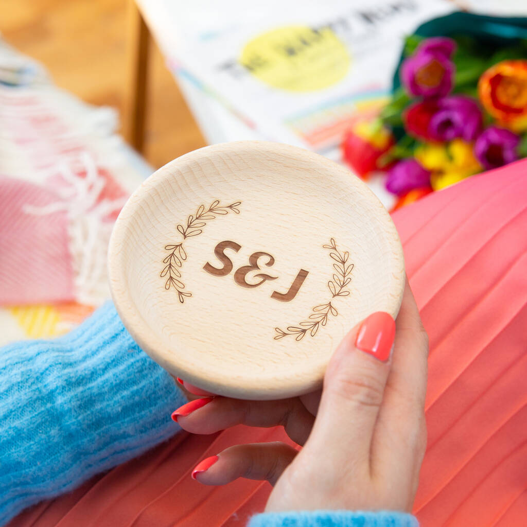 Personalised Wedding Couples Initials Wooden Ring Dish, 1 of 8