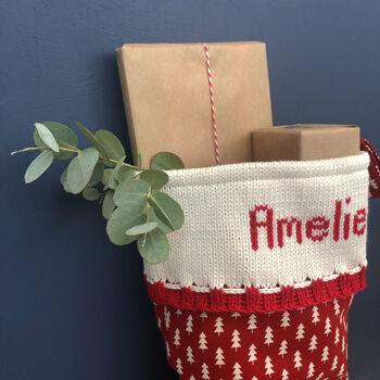 Red Personalised Christmas Stocking With Knitted Cuff, 6 of 6