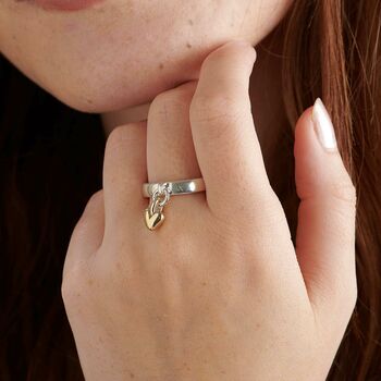 Sweetheart Silver And Recycled Gold Heart Charm Ring, 3 of 9
