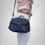 Small Leather Crossbody Satchel Handheld Handbag Dark Navy Blue With Side Pockets, thumbnail 3 of 8