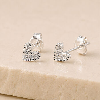 Small Sterling Silver Textured Sparkling Heart Stud Earrings, 2 of 8