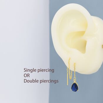 Sterling Silver Sapphire Blue Cz Droplet Threader Earrings, 4 of 12