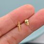 Mismatched Tiny Sword And Skull Stud Earrings In Sterling Silver, thumbnail 4 of 10