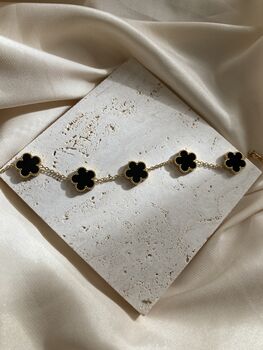 Gold Plated Five Leaf Clover Charm Bracelet Gold Black, 5 of 7