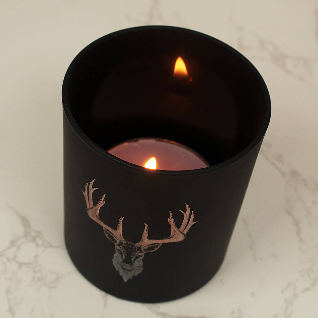 Stag Engraved Matt Black Glass Tea Light Holder By Love Lumi Ltd