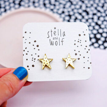 Gold Engraved Mirrored Acrylic Wonky Star Stud Earrings, 3 of 4