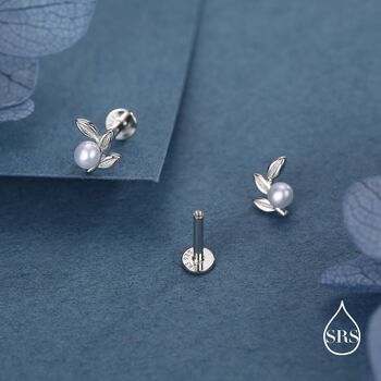 Sterling Silver Pearl Leaf 16 G Flat Back Earrings Internally Threaded, 6 of 11