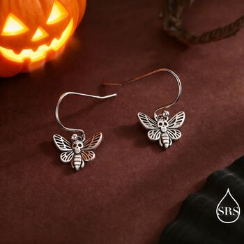Death's Head Hawkmoth Moth Drop Hook Earrings In Sterling Silver, 7 of 12