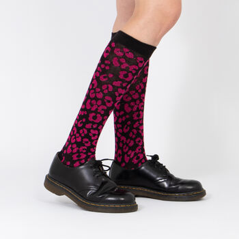 Women's Knee High Glitter Socks Hot Pink Leopard Print, 2 of 3