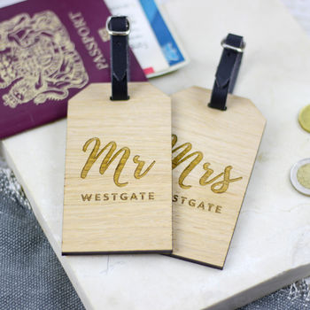 Personalised Mr And Mrs Wooden Luggage Tag Travel Gift, 2 of 3