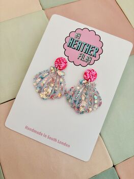 Statement Shell Glitter Resin Earrings / Mermaidcore Jewellery / Beach Holiday Statement / Summer Vacation Jewellery, 4 of 12