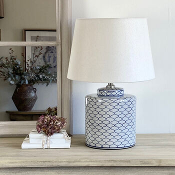 Blue And Stone Ikat Design Crackled Ceramic Lamp, 2 of 4