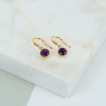 February Purple Amethyst Birthstone Gold Drop Earrings, 3 of 4