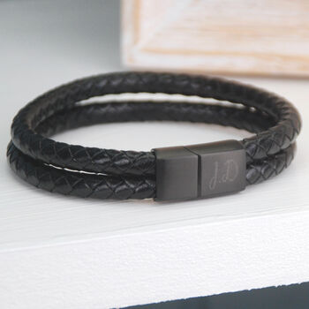 Men's Personalised Leather And Black Clasp Bracelet, 5 of 8