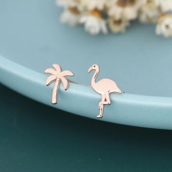 Mismatched Palm Tree And Flamingo Stud Earrings In Sterling Silver, 3 of 12