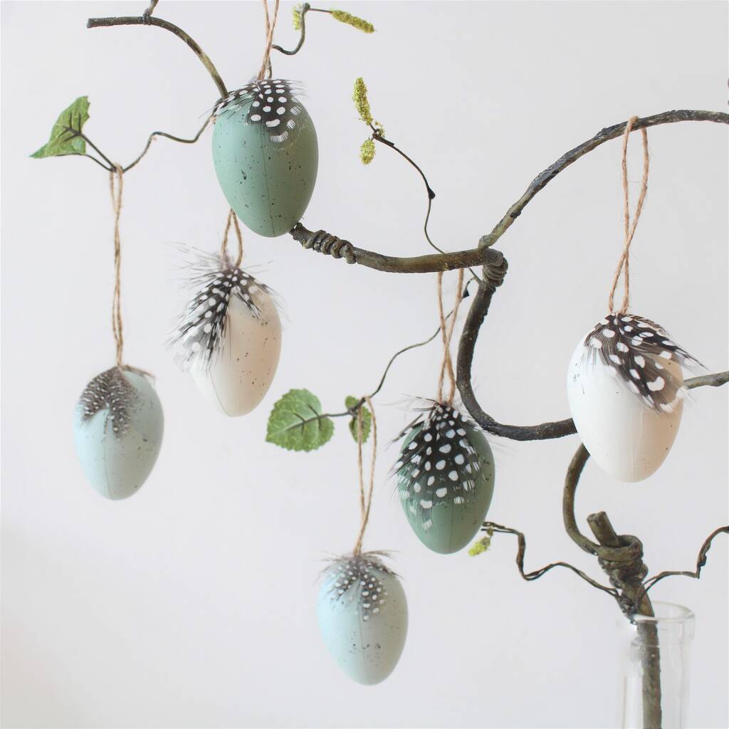 Set Of Six Speckled Feather Hanging Easter Eggs, 1 of 5