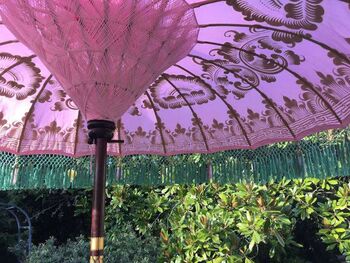 Hand Painted Pink And Green Fringed Garden Parasol, 4 of 4