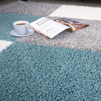 The Rugs Geometric Shaggy Rug Duck Egg Blue Checkered Rug, 10 of 12
