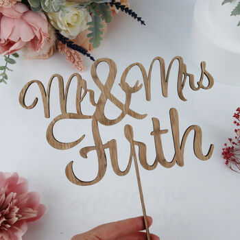 Personalised Wooden Name Wedding Cake Topper, 3 of 9