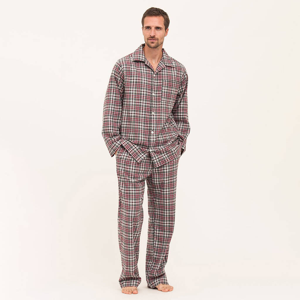 Men's Brushed Cotton Red And Grey Tartan Pyjamas By PJ Pan