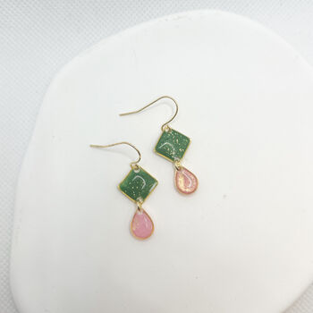 Green And Pink Geometric, Dainty Drop Earrings, 5 of 9