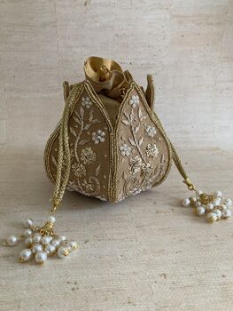 Gold Handcrafted Raw Silk Potli Bag/Wrist Bag, 5 of 8
