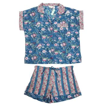 Block Printed Inky Blue And Pink Floral Stripe Cotton Short Pyjama Set, 5 of 5