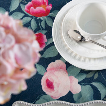 Luxury Linen Like Floral Table Runner Rose Garden Navy, 5 of 5