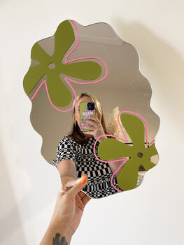 Wavy Flower Mirror Olive And Pink, 5 of 5