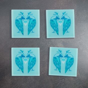 Lovebirds Coaster Set Blue And White, 2 of 10