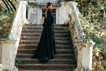 Black Lace Wedding Dress With Bell Sleeves And Train, 8 of 12