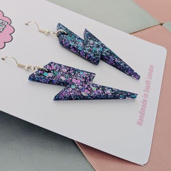 Large Purple Glitter Lightning Earrings, 2 of 4