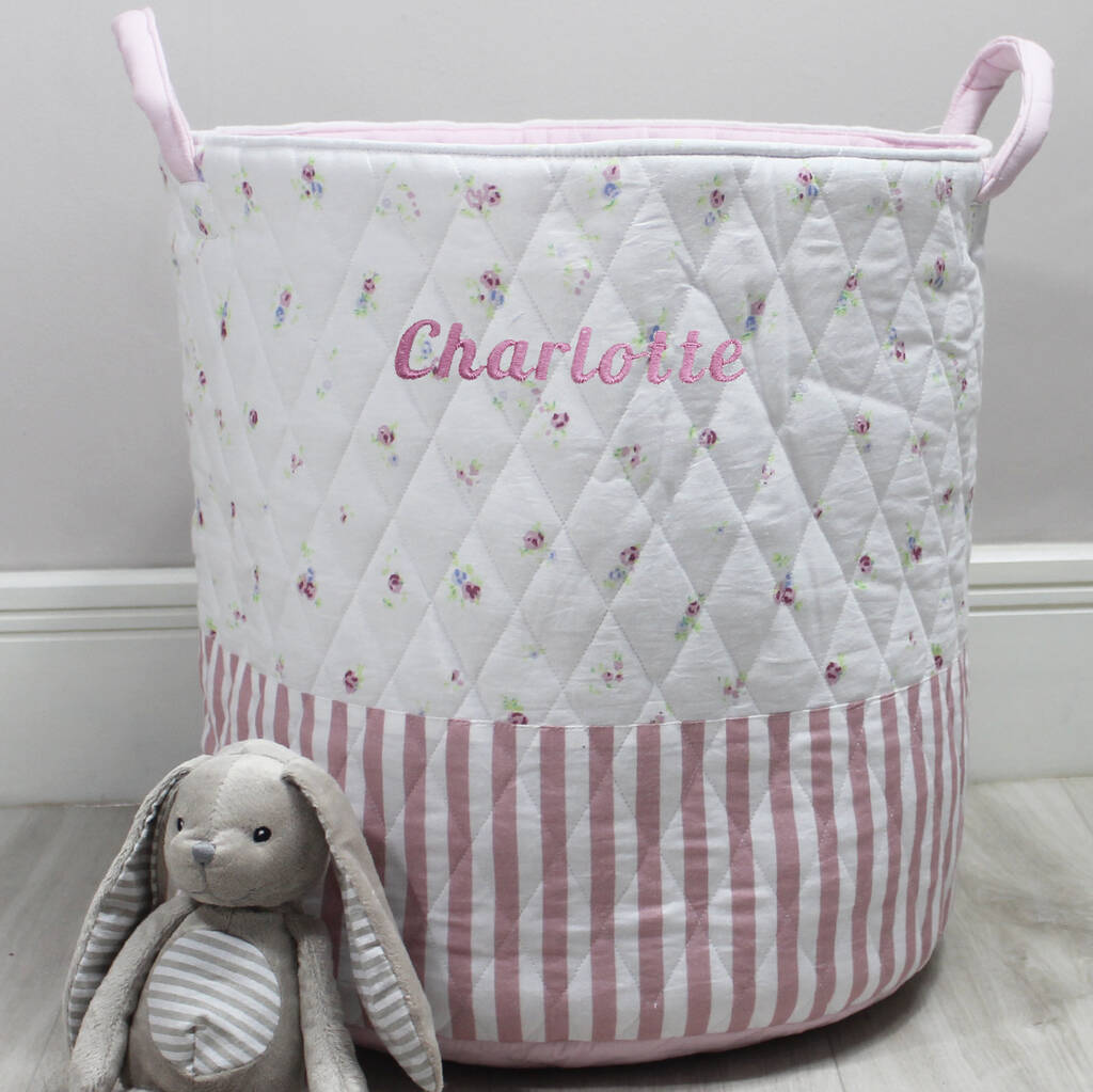 Personalised Pink Stripe Base Floral Quilted Toy Bag By Lime Tree London