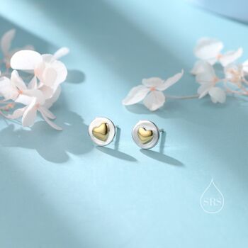 Sterling Silver Two Tone Heart Disk Stud Earrings, 2 of 11