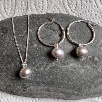 Grey Pearl Earrings Sterling Silver Hoops With Pearls, 3 of 4