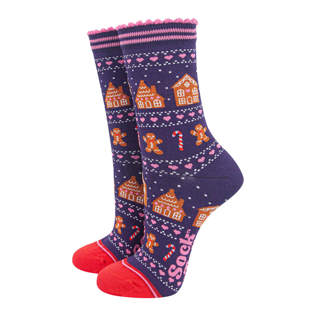 Gingerbread Candy Canes Christmas Socks Bamboo Women's Navy Red, 1 of 3