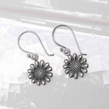 Sterling Silver Oxidised Delicate Daisy Dangly Earrings, 4 of 6