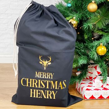 Reindeer Black And Gold Personalised Santa Sack, 2 of 2