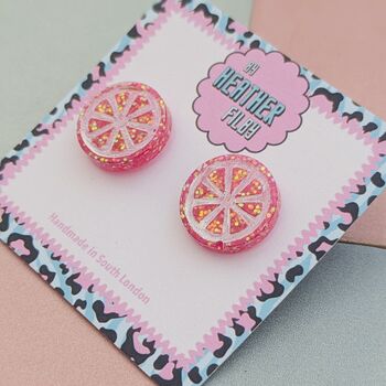 Pink Grapefruit Slice Glitter Stud Earrings, 4 of 5